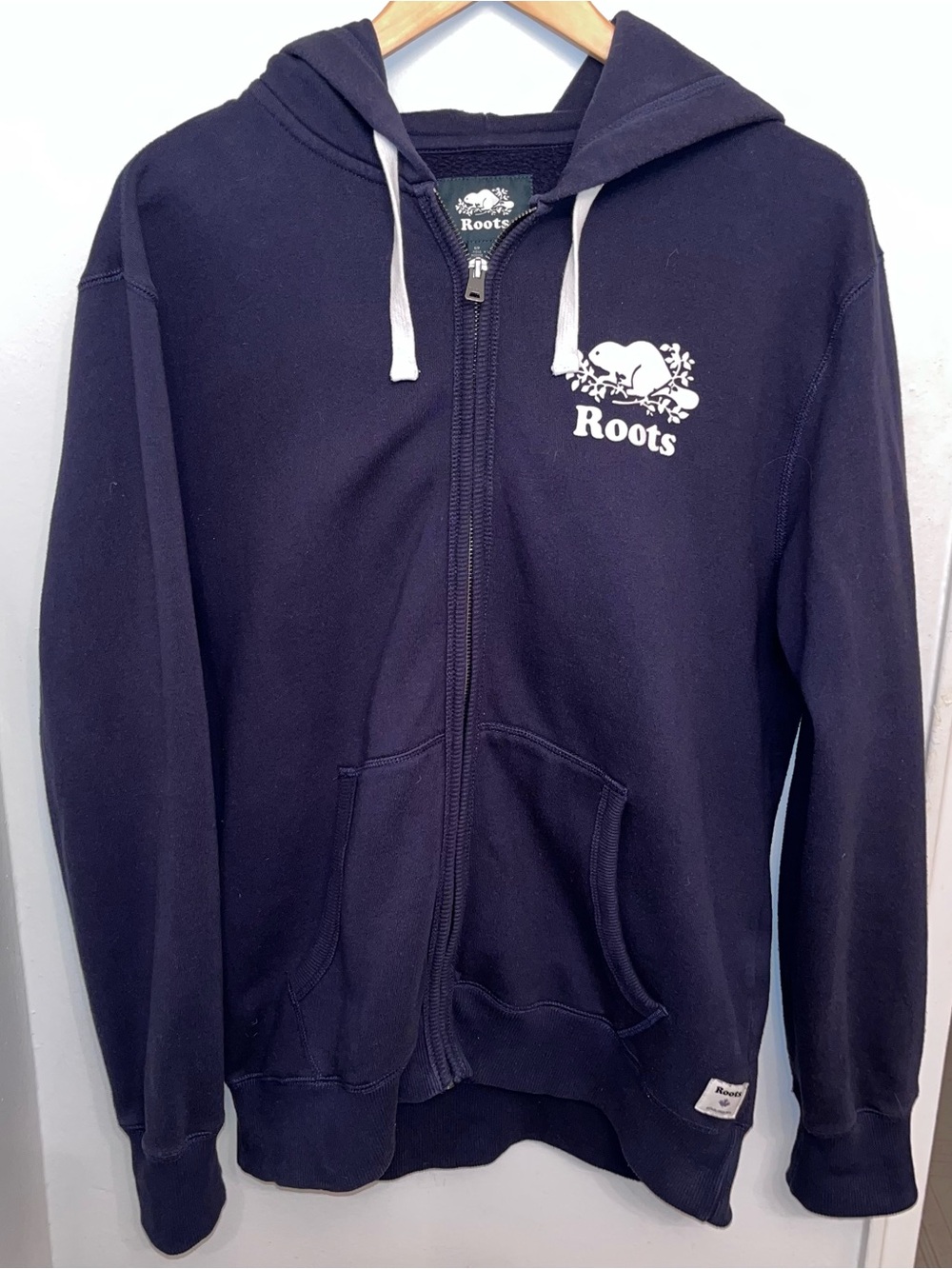 Roots Navy Blue Zip Hoodie with White Logo Unisex Women’s M Mens S